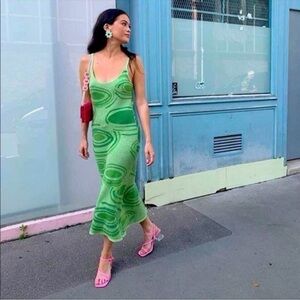 NEW House of Sunny Hockney Green Palm Lily Pad Swirl Midi Dress Size 2